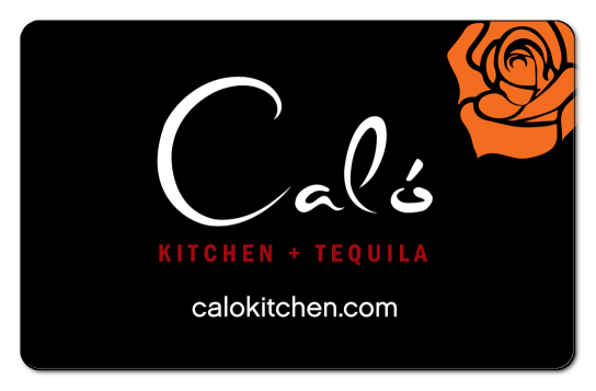 Calo Kitchen logo over black background featuring red rose in upper right corner